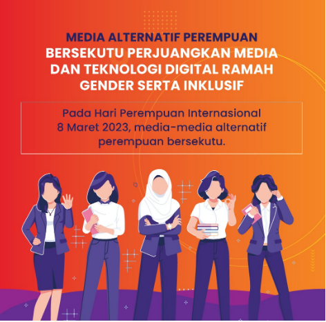 Media alternatif perempuan bersekutu perjuangkan media dan teknologi digital yang ramah gender di Hari Perempuan Internasional, 8 Maret 2023, (Ilustrasi: Konde.co).